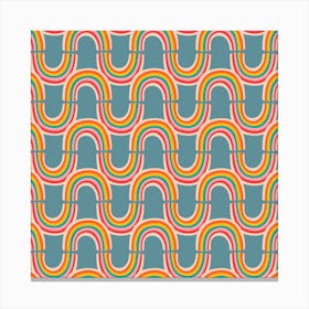 RAINBOW REFLECTION Retro Wavy Abstract Stripe in Vintage Bright Multi-Colours on Dusty Blue Canvas Print
