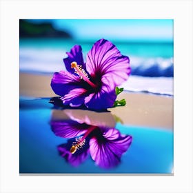 Blue Sea on the Beach with Purple Hibiscus Flower 2 Canvas Print