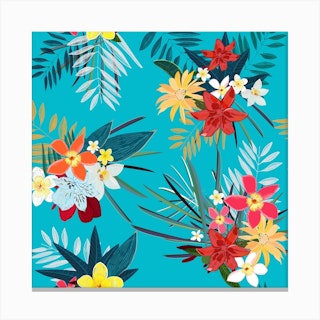 Frangipani, Lily Palm Leaves Tropical Vibrant Colored Trendy Summer Pattern Square Canvas Print