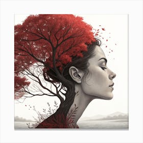 THE ROOTED SPIRIT OF A WOMAN AND A TREE WITH VIBRANT RED FOLIAGE Canvas Print