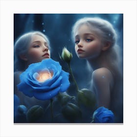 Two Girls With Blue Roses Canvas Print