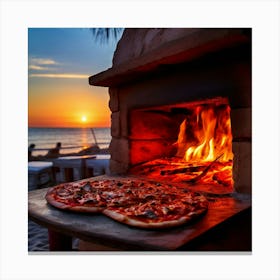 A Beachside Pizzerias Outdoor Oven Its Vibrant Red Bricks Reflecting The Warmth Of The Setting Sun Canvas Print