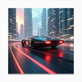 Sleek Flying Car With Glowing Trails, Cruising Through A Futuristic Urban Landscape 1 Canvas Print