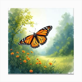 Graceful Monarch In A Watercolor Lush Valley 1 Canvas Print