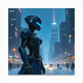 Cybernetic Warrior In A Futuristic Cityscape At Night, Watercolor Art 1 Canvas Print