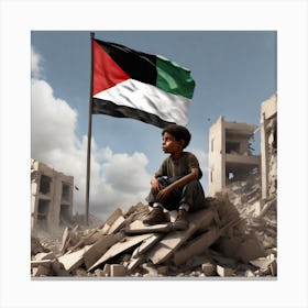A Palestinian Child Sitting On The Rubble Of A Destroyed Building Looking Up At The Sky With A Mix Canvas Print