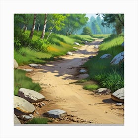 Path In The Woods.A dirt footpath in the forest. Spring season. Wild grasses on both ends of the path. Scattered rocks. Oil colors.7 Canvas Print
