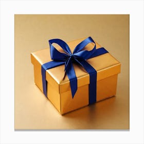 Gold Gift Box With Blue Ribbon Canvas Print