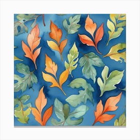 Watercolor Leaves On Blue Background Art Print 2 Canvas Print