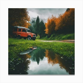 Red Jeep In Autumn Canvas Print