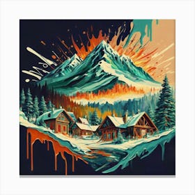 Abstract painting of a mountain village with snow falling 29 Canvas Print