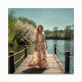 Woman In A Floral Dress On A Dock Canvas Print
