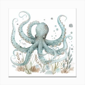 Storybook Style Octopus On The Ocean Floor With Aqua Marine Plants 5 Canvas Print