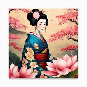 Japanese Botanical And Geisha Art Print 3 Canvas Print