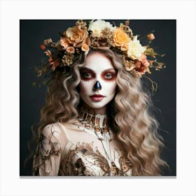 Firefly Whimsical Girl With Floral Skeleton Wreath And Curly Hair 50353 (2) Canvas Print