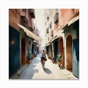 Street Scene In Morocco, Marrakech, Watercolor City Canvas Print