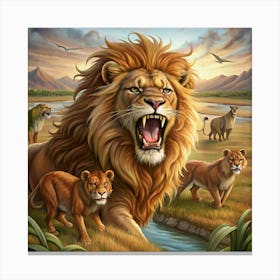 Lion Roaring With Lionesses And Cubs Canvas Print