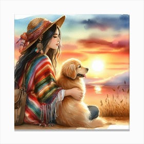 Girl With Dog At Sunset Canvas Print