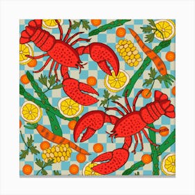 LOBSTER DINNER Red Crustacean Coastal Beach Shellfish Seafood on Checkerboard Food Kitchen Canvas Print