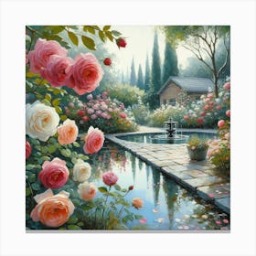 Rose Garden With The Fountain, Acrylic Style Painting 26 Canvas Print