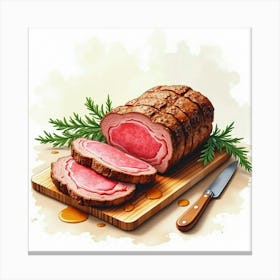 Watercolor Sketch Of A Tender And Juicy Roast Beef With Gravy On A Stylish Kitchen Countertop Canvas Print