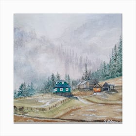 Fog In The Mountain Village Square Canvas Print