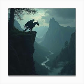 A Fierce Griffin Perched On A Cliff Overlooking A Dark, Enchanted Valley 1 Canvas Print