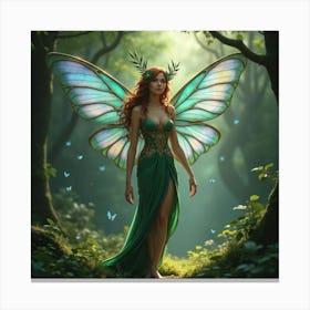 Fairy Queen With Iridescent Wings In A Forest Glade 1 Canvas Print