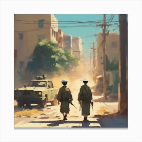 Two Soldiers Walking Down The Street Canvas Print