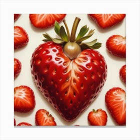 A Strawberry Shaped Like A Heart Is Surrounded By Strawberry Slices On A White Background Canvas Print