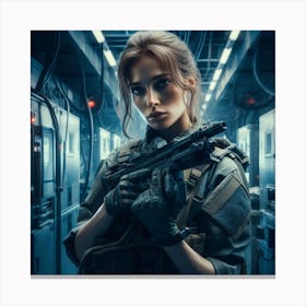 Futuristic Woman In Military Uniform Canvas Print