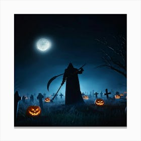 Reaper Silhouette Scythe Raised Against A Backdrop Of A Full Moon On Halloween Night With Wisps O (5) Canvas Print