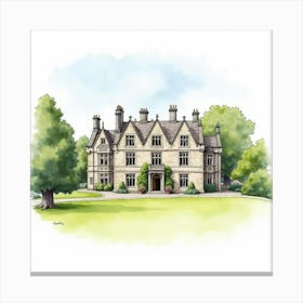 Watercolor View Of The Brougham Hall In Cumbria, Featuring Its Historic Charm And Picturesque Surroundings Canvas Print