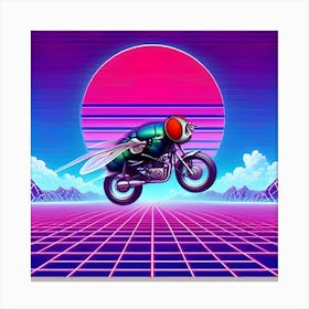 An Image Of A Fly Riding A Motorbike In A Vaporwave, With A Wide Angle View 7 Canvas Print