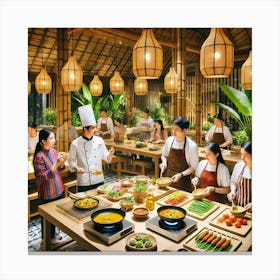 A Lively Scene Of Cooking Classes Where Guests Are Canvas Print