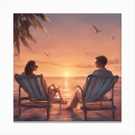 Couple Sitting On Chairs At Sunset Canvas Print