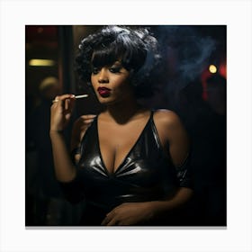 Available to Purchase - A Smoking Hot Voluptuous Sexy Black Woman In A Black Low Cut Latex Dress Smoke - Created by Midjourney Art Print Canvas Print
