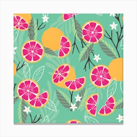 Grapefruit Pattern With Florals And Branches On Green Square Canvas Print