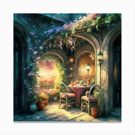 Quiet and attractive dining nook, overgrown flowers, high quality, detailed, highly 3D, elegant carved cart, 7 Canvas Print