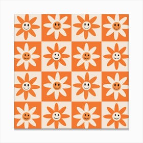 Checkered Orange and White Smiling Flowers Canvas Print