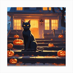 Halloween Cat In Front Of House 4 Canvas Print