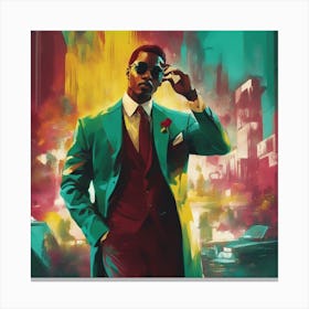 An Artwork Depicting A Man, Big Tits, In The Style Of Glamorous Hollywood Portraits, Green Red, Yell Canvas Print