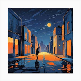 Night Scene Of A Street With A Person Walking Down The Street Art (2) Canvas Print