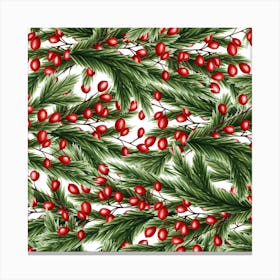 Fir Branches And Lingonberry Seamless Pattern on White Canvas Print