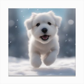 White fluffy Puppy In The Snow Canvas Print