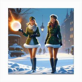 Two Girls Holding A Snowball Canvas Print