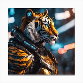 A highly detailed digital painting of a tiger wearing full body armor in a cyberpunk style. 1 Canvas Print