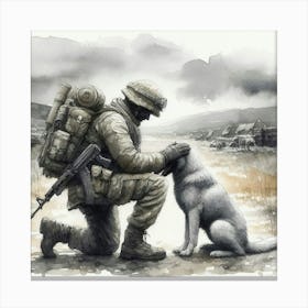 Soldier Kneeling Down To His Dog Canvas Print