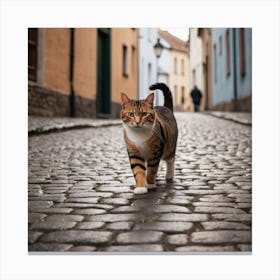 A Cat Walks On Its Hind Legs Down A Cobblestone Street Lined With Buildings Canvas Print