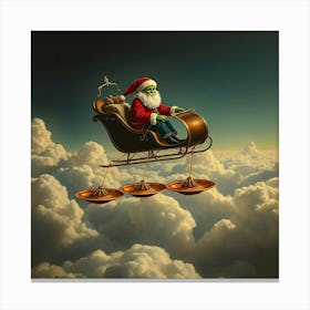 Green Alien Santa Claus In The Clouds with UFO Pulled Sleigh Canvas Print